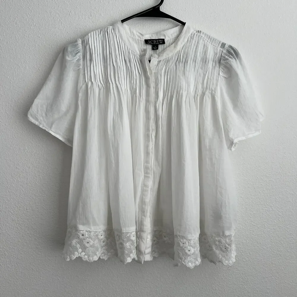 J Crew FLAWED Lace Trim Pintuck Top In Cotton Voile Small White